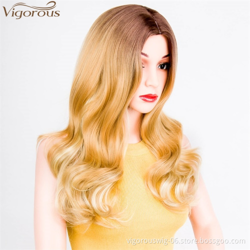 Vigorous Top Quality Long Ombre Dark Root To Blonde Wig Body Wavy Synthetic Wigs For White Women High Temperature